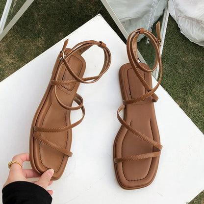 Fashion Women Sandals Flat Heel Narrow Band Back Strap Summer Gladiator Shoes Ladies Casual Summer Beach Slides