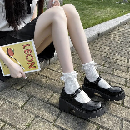 Women Japanese Lolita Shoes Vintage Soft High Heels Platform Shoes Woman Patent Leather Ankle Strap Mary Jane Shoes Black