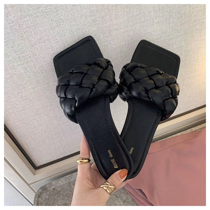 New Fashion Weave Slippers Women Square Toe Flat Casual Shoes Women Slide Summer Flip Flops Beach Sandal Slipper Big size41