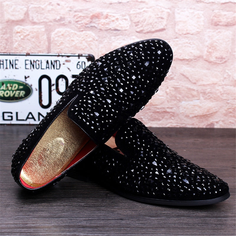 Men's Genuine Leather Loafers Casual Shoes Fashion Mens Rhinestone Driving Shoes Man Flats Dress Wedding Shoes