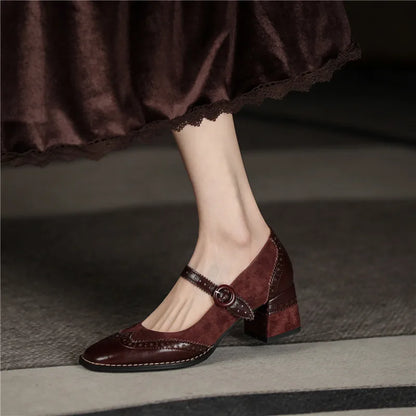 Genuine Leather Mary Jane Women's Shoes Fashion Retro Buckle Shallow Pumps Square Toe Thick Heel Handmade Shoes Woman Size 34-40