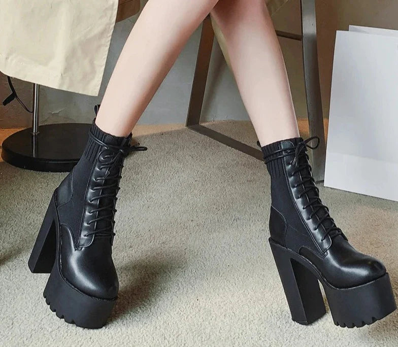 binfenxie   New Fetish Platform Boots Woman Sexy Chunky Heel Front Lace Up Sock Boots Women Ankle Boots Thick Heel Shoe Black Design