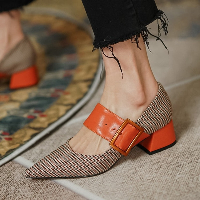 New Spring/Autumn Shoes Women Pointed Toe Chunky Heel  Fabric High Heel Pumps Mixed Color Square Button Ladies Shoes