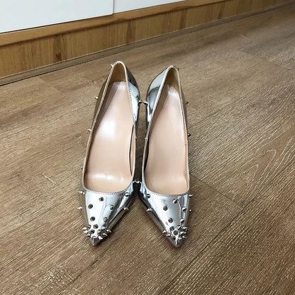 Futurecen  Glossy Mirror Silver Women Partial Spikes Pointed Toe Sexy Stiletto Pumps Sparkly High Heel Party Shoes 8cm 10cm 12cm