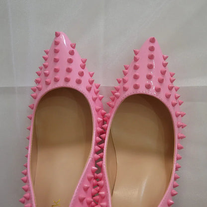 Futurecen Light Pink Women Rivets Pointy Toe High Heels Sexy Ladies Slip On Stilettos Pumps Chic Spikes Heeled  Party Shoes