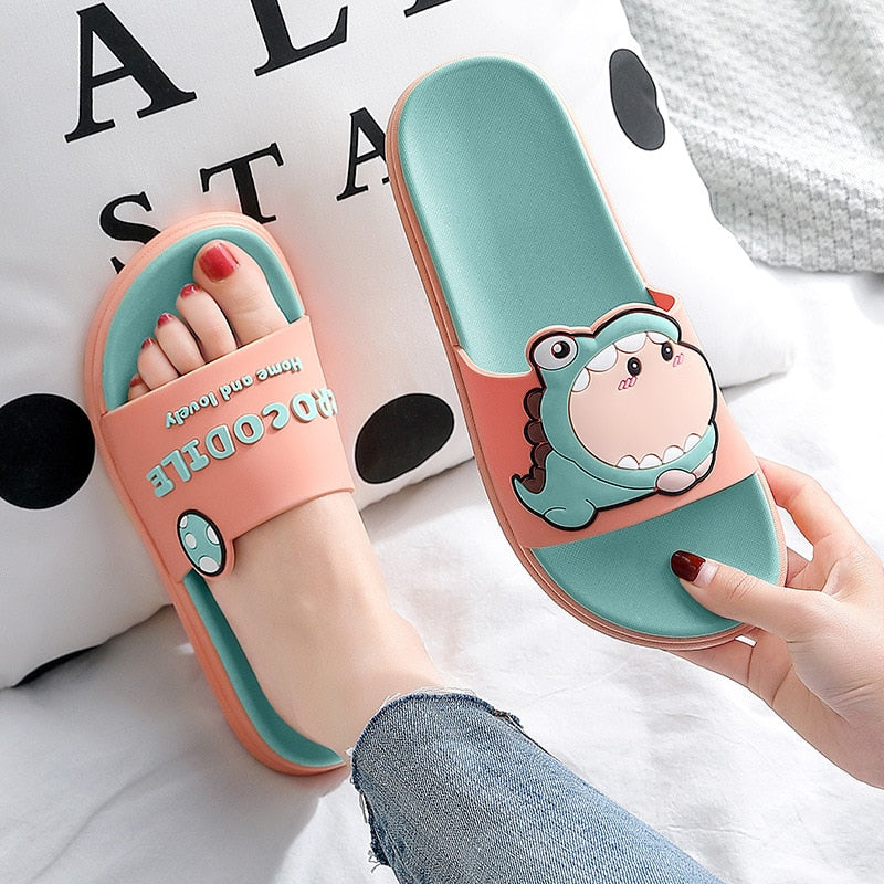 Summer Women Cute Animal Floor Flat Shoes Indoor Flip Flops Non-Slip Bathroom Home Slippers Female Beach Shoe