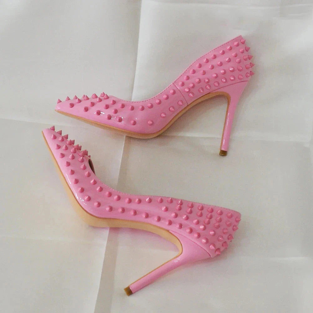 Futurecen Light Pink Women Rivets Pointy Toe High Heels Sexy Ladies Slip On Stilettos Pumps Chic Spikes Heeled  Party Shoes