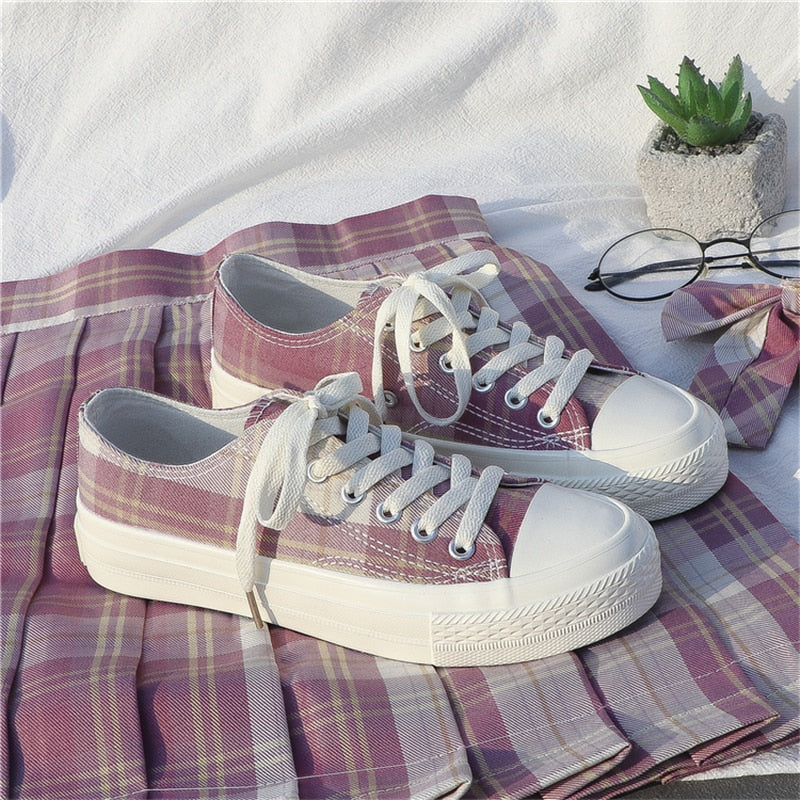 Spring New Jk Plaid Low Top Canvas Shoes For Women Japanese High School Students College Lolita Shoe Chunky Platform Sneakers