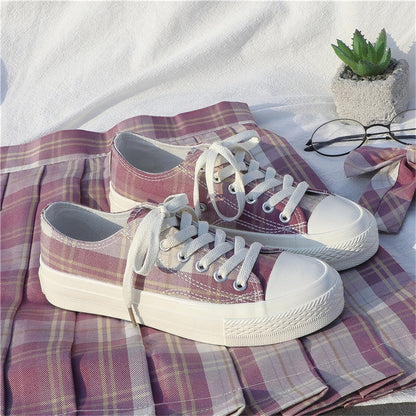 Spring New Jk Plaid Low Top Canvas Shoes For Women Japanese High School Students College Lolita Shoe Chunky Platform Sneakers