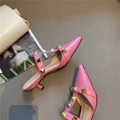 binfenxie  New Rivet Pointed Thin Heel Baotou Half Slipper Female Middle Heel Shallow Mouth Lazy Mueller Shoes