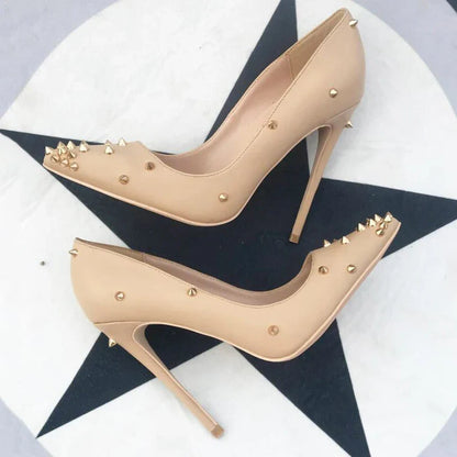 Futurecen  Nude Matte Women Fashion Sexy Spikes Pointed Toe Thin Stiletto Pumps Slip On High Heel Party Shoes Plus Size 10 11 12