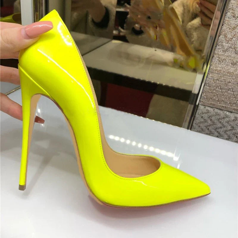 Futurecen Solid Yellow Green Patent Women Pointed Toe Stiletto Pumps Ladies Wedding Party High Heel Shoes Small Size 33 44  45