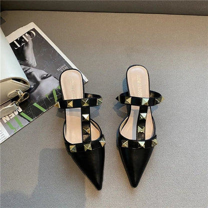 binfenxie  New Rivet Pointed Thin Heel Baotou Half Slipper Female Middle Heel Shallow Mouth Lazy Mueller Shoes