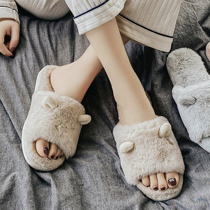 Winter Warm Slippers Cotton Shoes Comfortable Cute Lovely Open Toe Indoor Bedroom House Slippers Couple Fur Slides Women Slipper