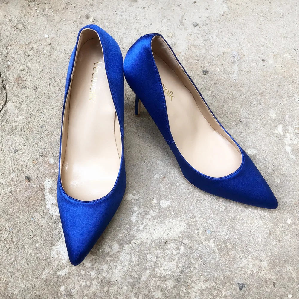 Futurecen Royal Blue Women Silk Satin Stilettos High Heels Elegant Ladies Fashion Pointed Toe Slip-on Pumps Party Dress Shoes