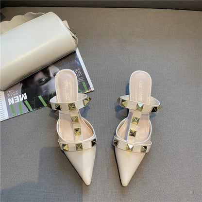 binfenxie  New Rivet Pointed Thin Heel Baotou Half Slipper Female Middle Heel Shallow Mouth Lazy Mueller Shoes