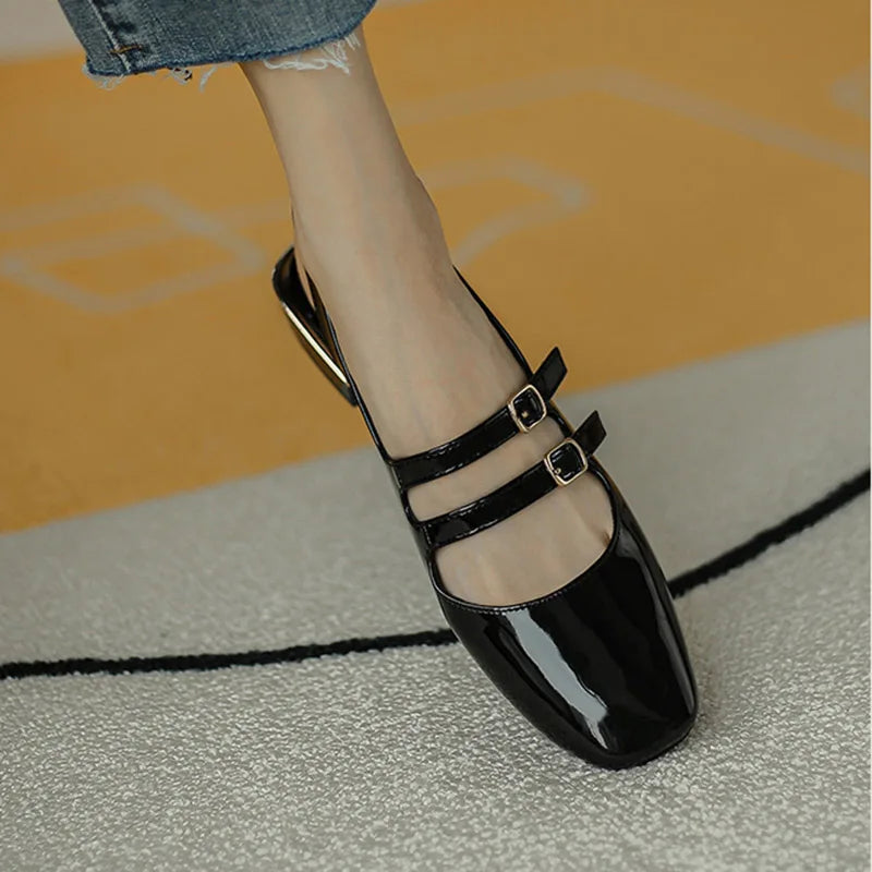 binfenxie Women Sandals Summer Shoes Woman Flats Double Buckle Mary Janes Shoes Patent Leather Dress Shoes Back Strap Zapatos