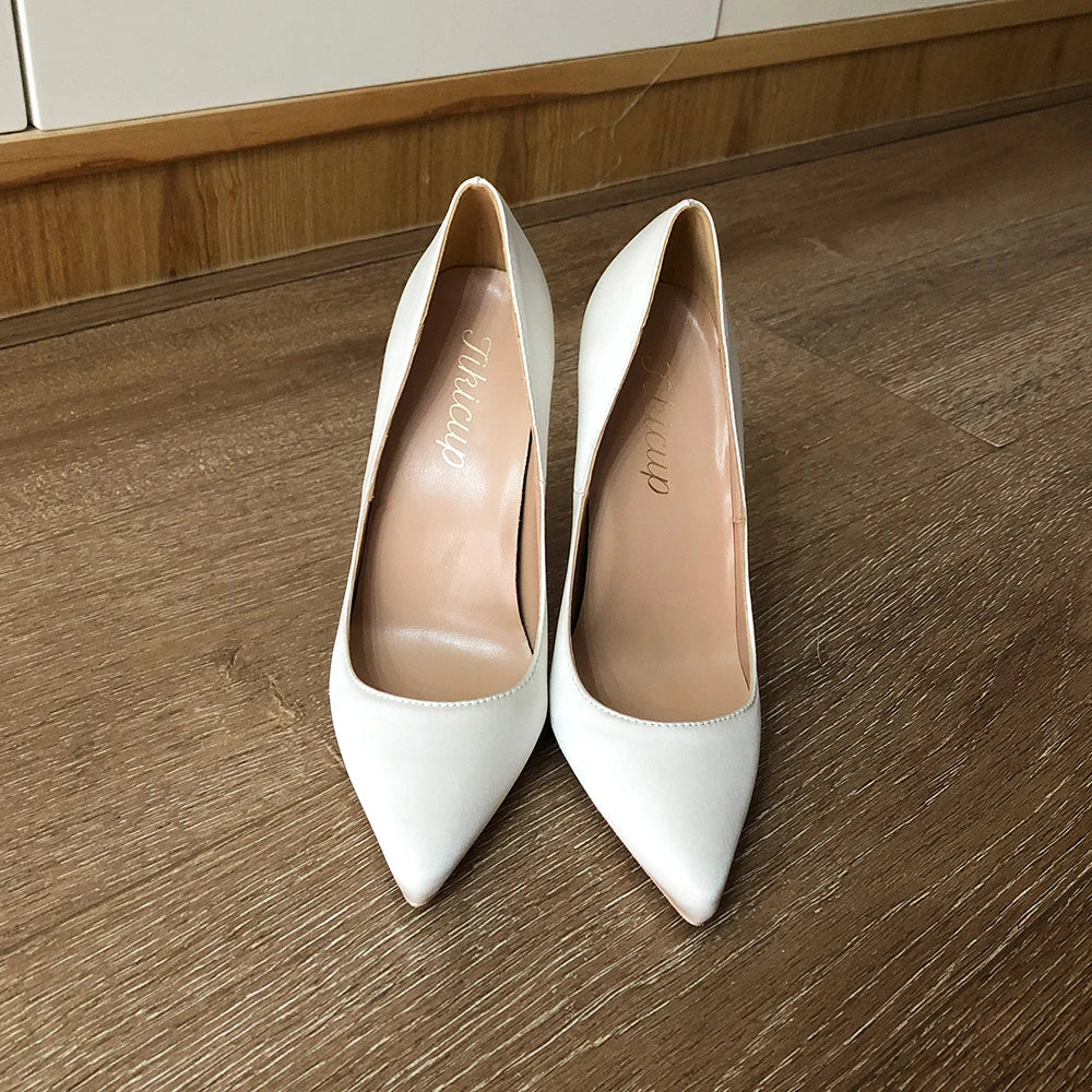 Futurecen Solid White Satin Women Pointed Toe Slip On Stiletto Pumps Elegant Wedding Party High Heel Shoes Colors Customizable