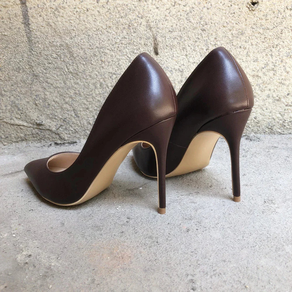 Futurecen Dark Brown Matte Women Stilettos High Heels Elegant Ladies Pointed Toe Pumps Italian Style Woman Slip on Dress Shoes