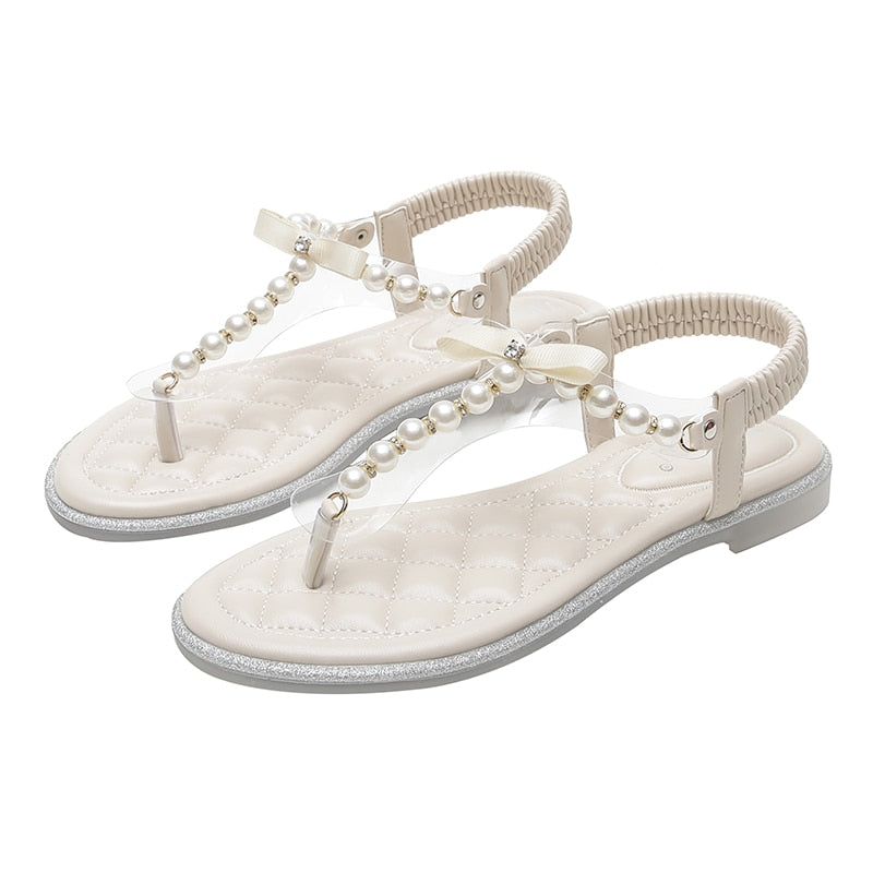 Women Sandals Fashion White Beads Shoes For Women Slippers Summer Shoes Flat Heel Non-Slip Female Casual Beach Shoes