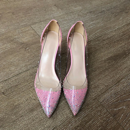 Futurecen Women Patchwork Transparent Rhinestones Pointy Toe Stiletto Pumps Goegeous Ladies Slip On High Heel Wedding Party Shoes