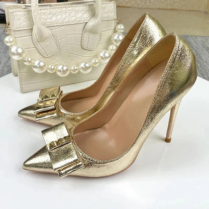 Futurecen  Glitter Gold Bow Women Pointed Toe Stiletto Pumps Ladies Slip On High Heel Wedding Dress Shoes Plus Size 33-45 8-12cm