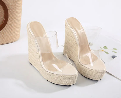 Summer PVC Transparent Peep Toe Cane Straw Weave Platform Women Wedges Slippers Sandals Fashion High Heels Female Shoes