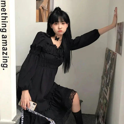 binfenxie Gothic Black Lace Ruffle Dress For Girls Princess Party Ruched Fairy Grunge Long Sleeve Dresses Woman Fashion Korean