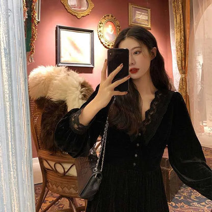 binfenxie French Vintage Dress Women Lace Velvet Black Elegant Party Dress Female Autumn 2020 High Waist Long Sleeve Midi Gothic Dress