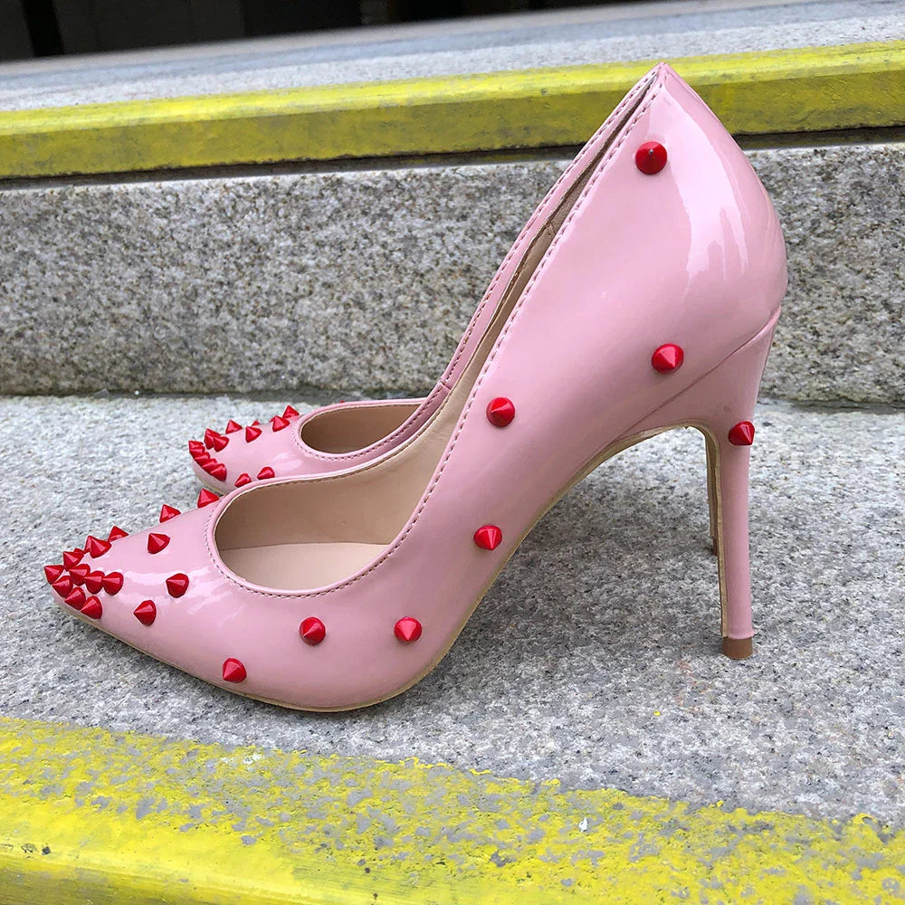 Futurecen Red Spikes Women Sexy Pink Pointed High Heels Ladies Slip-on Low-cut Stilettos Pumps Shiny Revits Party Wedding Shoes