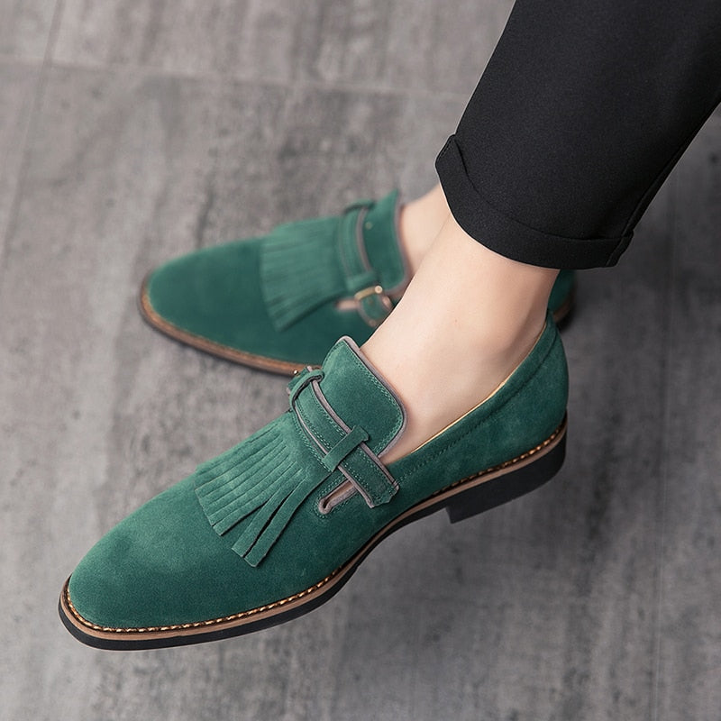 High Quality Mens Tassel Loafers Formal Slip On Men Green Leather Shoes Luxury Suede Loafers Men Oxfords Shoes chaussure homme