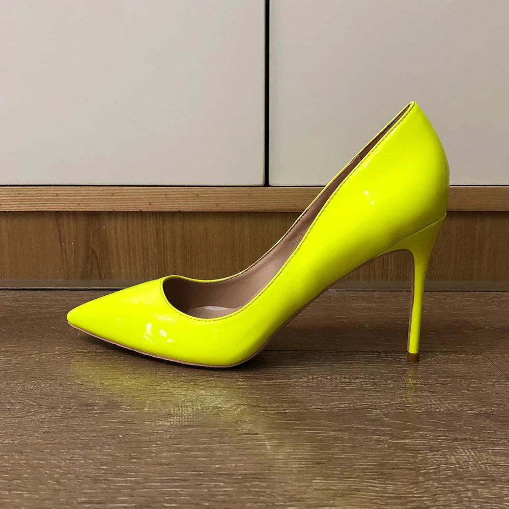 Futurecen Solid Yellow Green Patent Women Pointed Toe Stiletto Pumps Ladies Wedding Party High Heel Shoes Small Size 33 44  45