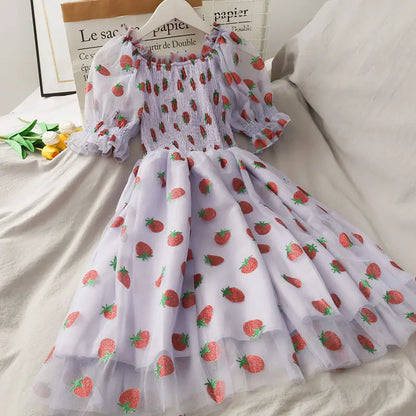 binfenxie Strawberry Dress Women French Style Lace Chiffon Sweet Dress Casual Puff Sleeve Elegant Printed Kawaii Dress Women New