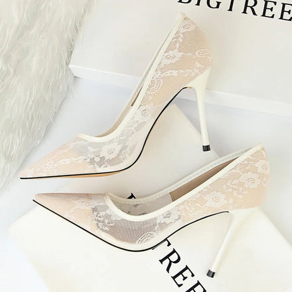 Sexy Black Flower Lace Mesh Pumps Women Pointed Fashion Party Shoes Show Thin High Heels Shoes Women's Office Shoes Shallow