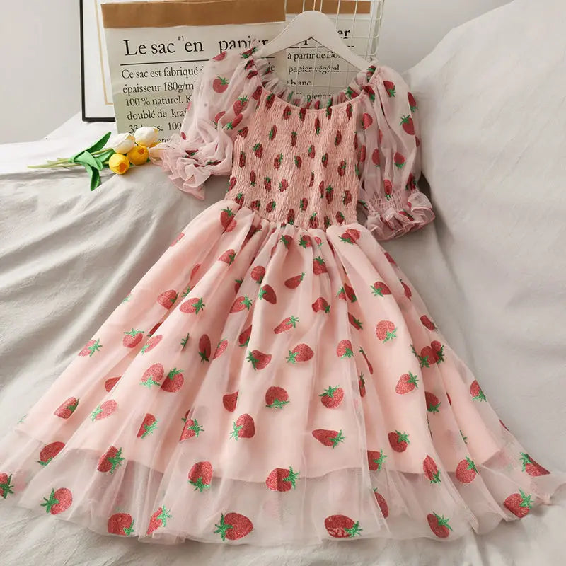 binfenxie Strawberry Dress Women French Style Lace Chiffon Sweet Dress Casual Puff Sleeve Elegant Printed Kawaii Dress Women New