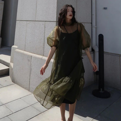 Vintage High Street Midi Dress Women Loose Puff Sleeve Fairy Korean Party Dress Female Streetwear Casual Y2k Dress Summer