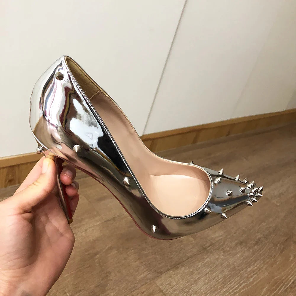 Futurecen  Glossy Mirror Silver Women Partial Spikes Pointed Toe Sexy Stiletto Pumps Sparkly High Heel Party Shoes 8cm 10cm 12cm