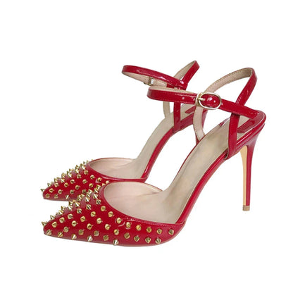 Futurecen Summer Women Red Pointed Toe High Heel Slingbacks Shoes with Spikes Ankle Buckles Sexy Stiletto Pumps for Party 8-12cm