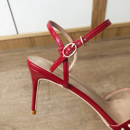 Futurecen Summer Women Red Pointed Toe High Heel Slingbacks Shoes with Spikes Ankle Buckles Sexy Stiletto Pumps for Party 8-12cm