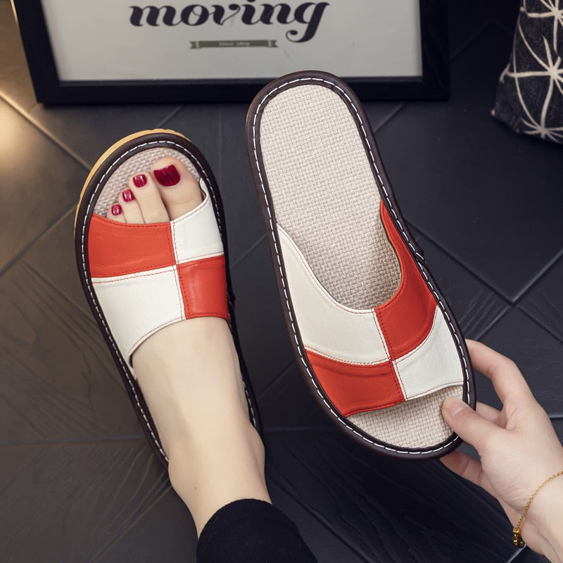 Light Luxury Genuine Leather Sheepskin Women's Slippers PVC Rubber Sole Non-Slip Summer Shoes Comfortable Soft Couple Sandals