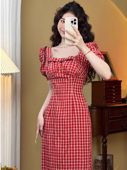 Retro Square Neck Puff Sleeve Dress HOT1540