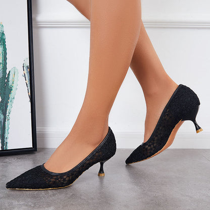 Women Mesh Pointed Toe Kitten Heel Pumps Slip on Dress Shoes