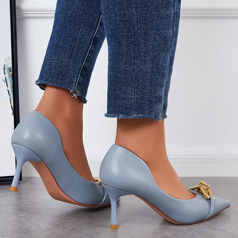 Women Pointed Toe Kitten Heel Pumps Chain Decor Slip on Dress Shoes Sexy Elegant Work Heels