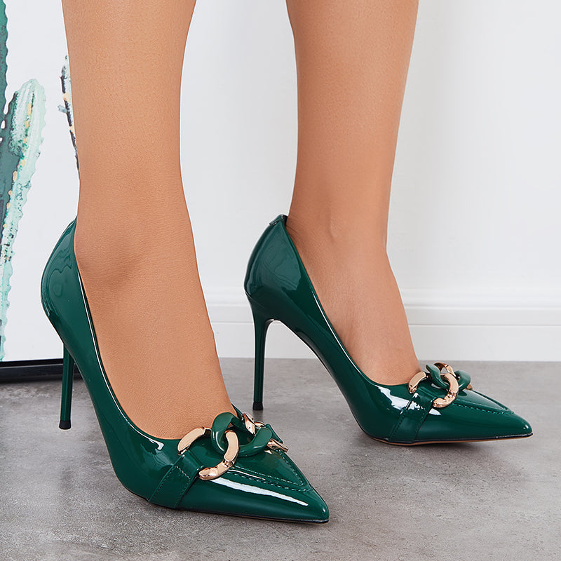 Pointed Toe Stilettos Heel Pumps Chain Decor Thin High Dress Shoes