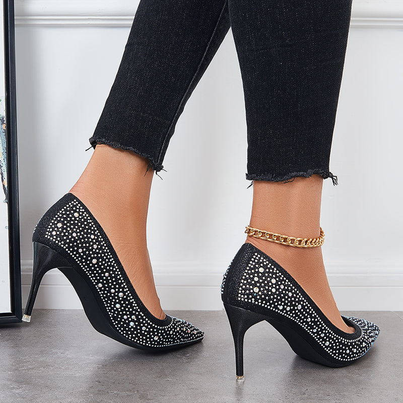 Rhinestone Stilettos High Heel Pumps Pointed Toe Party Shoes