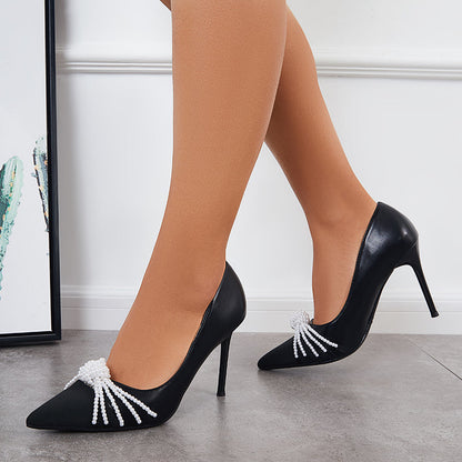 Pearls Knot High Heel Pumps Pointed Toe Stilettos Dress Shoes