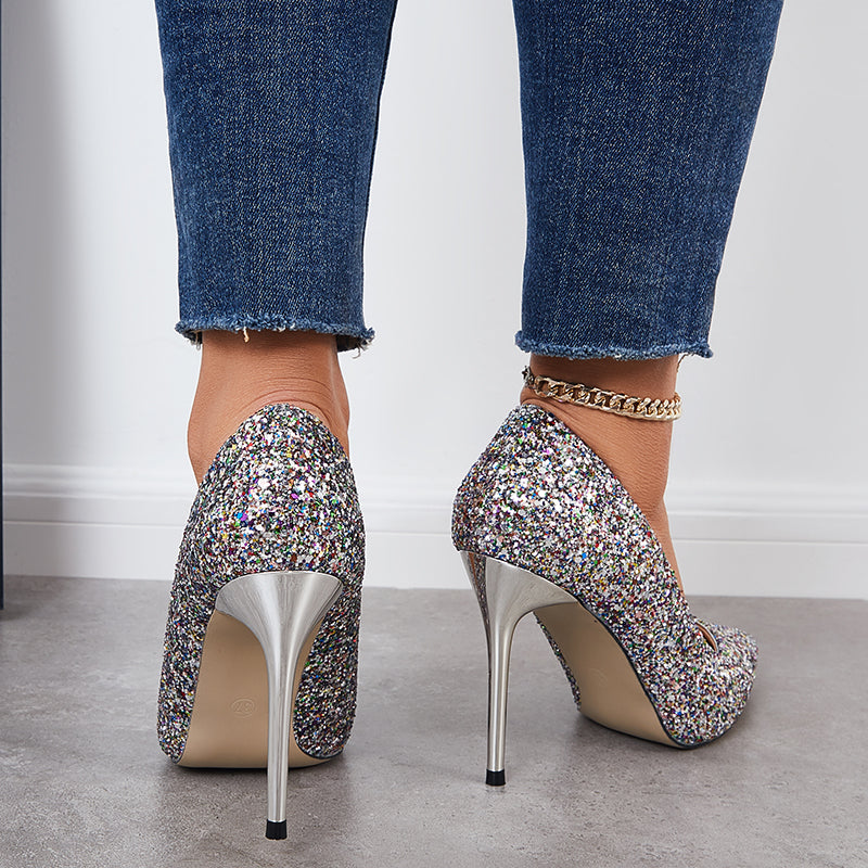 Women Shiny Sequin Stilettos Heels Pointed Toe Dress Shoes