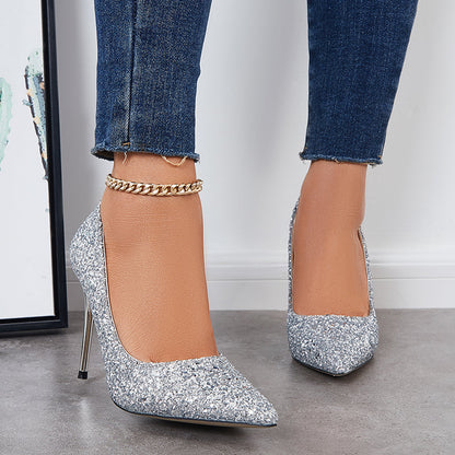 Women Shiny Sequin Stilettos Heels Pointed Toe Dress Shoes