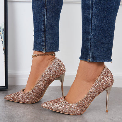 Women Shiny Sequin Stilettos Heels Pointed Toe Dress Shoes