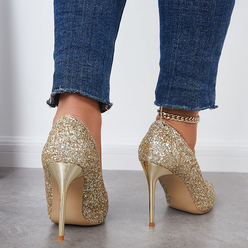 Women Shiny Sequin Stilettos Heels Pointed Toe Dress Shoes